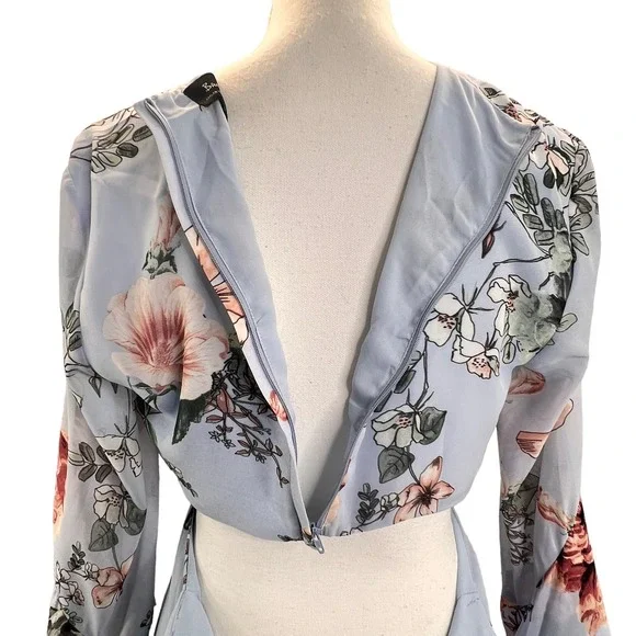 Bardot Revolve Mini Dress Blue Size 6 Floral Frill Bell Sleeves Ruffles Cut Out - Picture 9 of 12